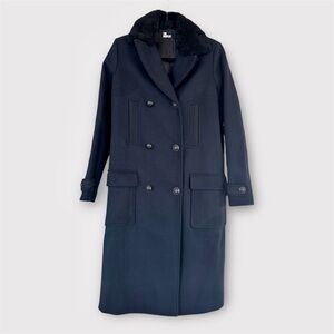 THE KOOPLES Wool NAVY Double-Breasted Long Coat with Black Sherling Collar